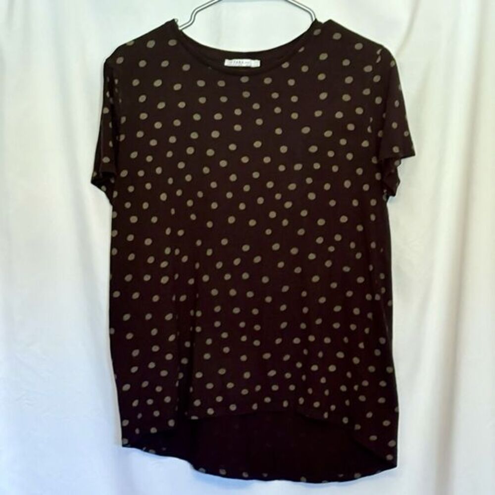 Zara Woman’s T-shirt Black Beige Polka Dot Size Medium Short Sleeve Hi Lo